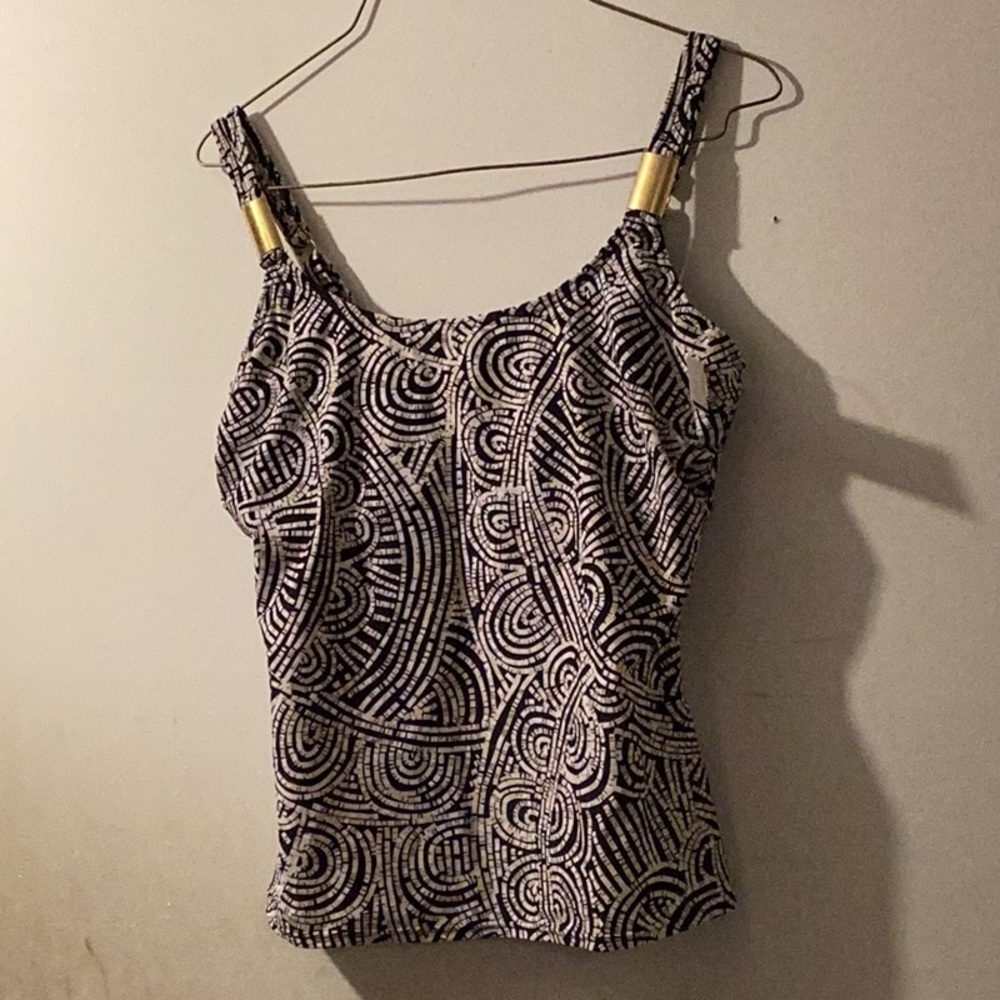 BNWT CHRISTINA TANKINI BLACK,WHITE & SAND EMBELLISHED WITH GOLD RINGS & BUCKLES
